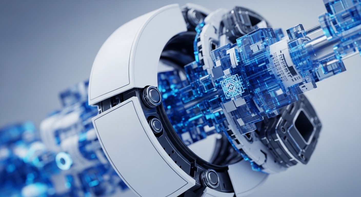 The image showcases a series of interconnected, modular components, forming a sophisticated digital system. White, curved outer shells reveal intricate internal structures composed of transparent blue cubic elements, metallic rods, and glowing blue circuitry