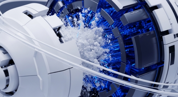 A sophisticated, abstract machine composed of white, modular segments on the left and a darker, blue-lit internal core on the right. A dynamic burst of white, granular material erupts from the central nexus, suggesting intense activity. Transparent conduits traverse the scene, implying data pathways. This represents a high-performance distributed ledger technology DLT system. The modular components signify robust blockchain architecture and network nodes, while the blue-illuminated core illustrates intensive transaction processing and data hashing. The central eruption embodies a smart contract execution event or token emission, demonstrating rapid cryptographic proof generation. This dynamic visual encapsulates the intricate consensus mechanism powering decentralized finance DeFi operations.