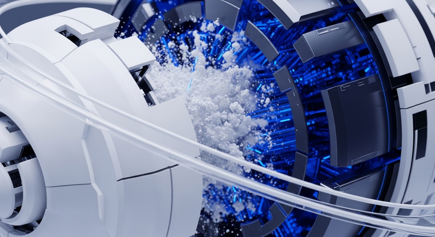 A sleek, futuristic mechanism featuring interlocking white modular components on the left and a dark, intricately designed core illuminated by vibrant blue light on the right. A forceful, granular white explosion emanates from the center, creating a dynamic visual focal point