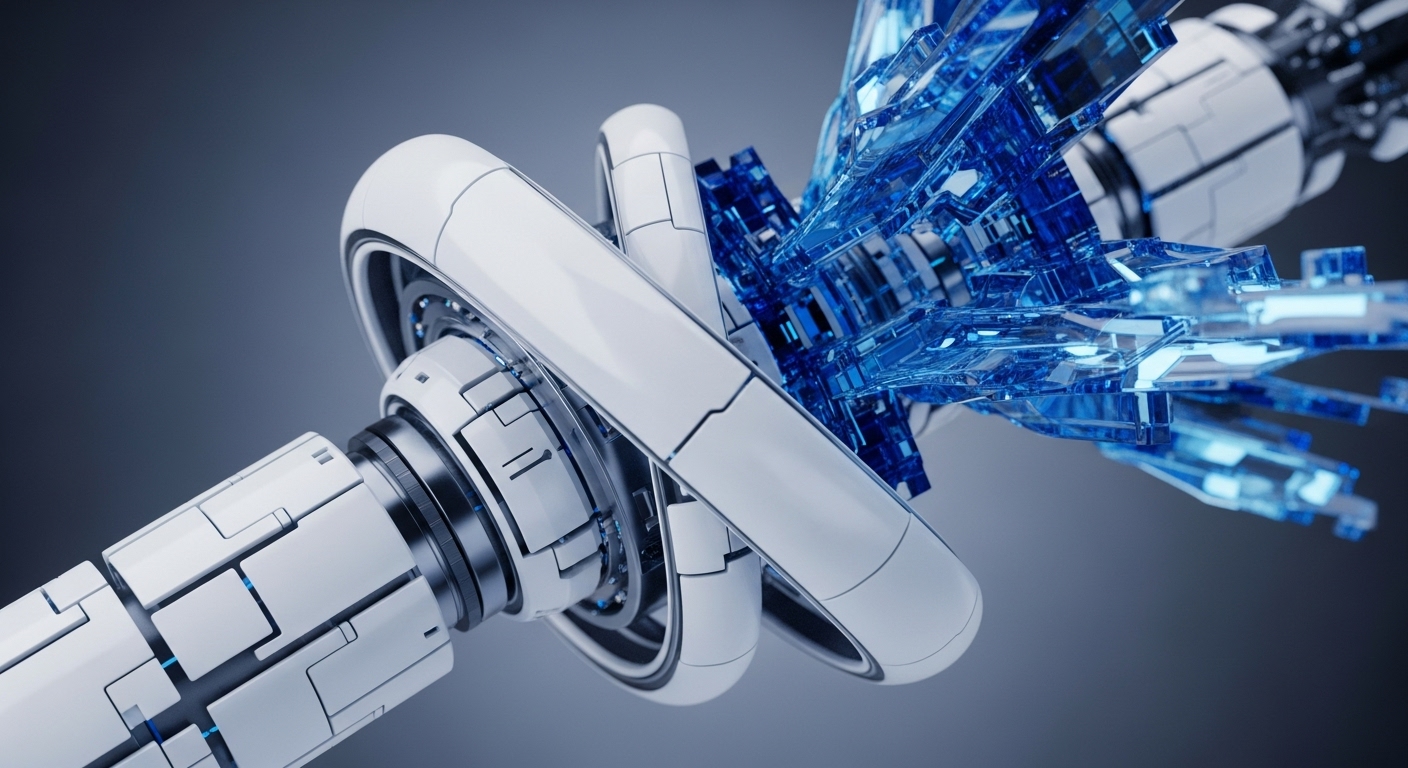 A futuristic white and metallic mechanical structure transitions into an explosion of glowing blue crystalline forms against a dark grey background. The central element features interwoven white bands connecting a segmented cylindrical shaft to the dynamic blue shards, with subtle internal blue luminescence