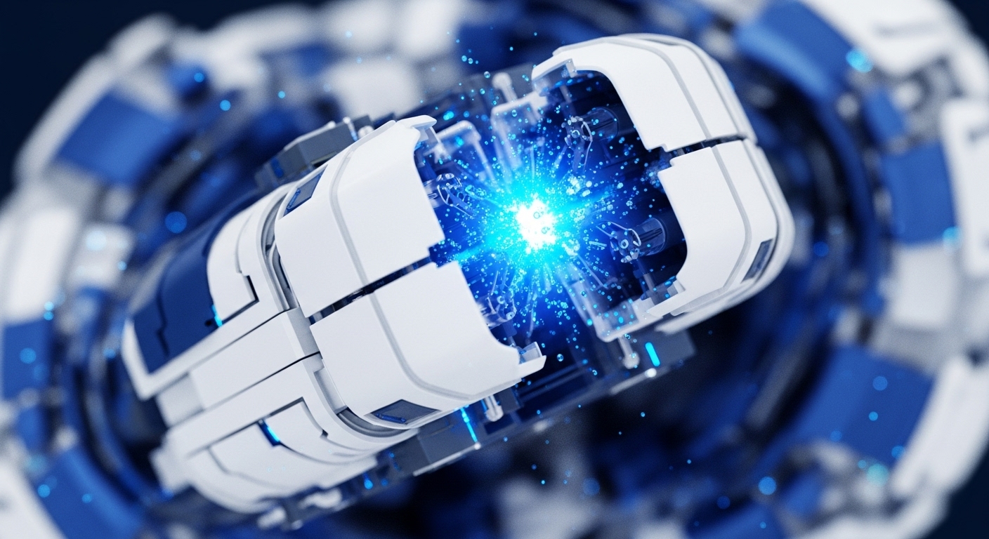 A sophisticated, abstract technological mechanism, rendered in stark white and vibrant blue, features a powerful central luminous blue energy burst surrounded by radiating particles. The structure itself is segmented and modular, suggesting an advanced processing unit or a secure data conduit