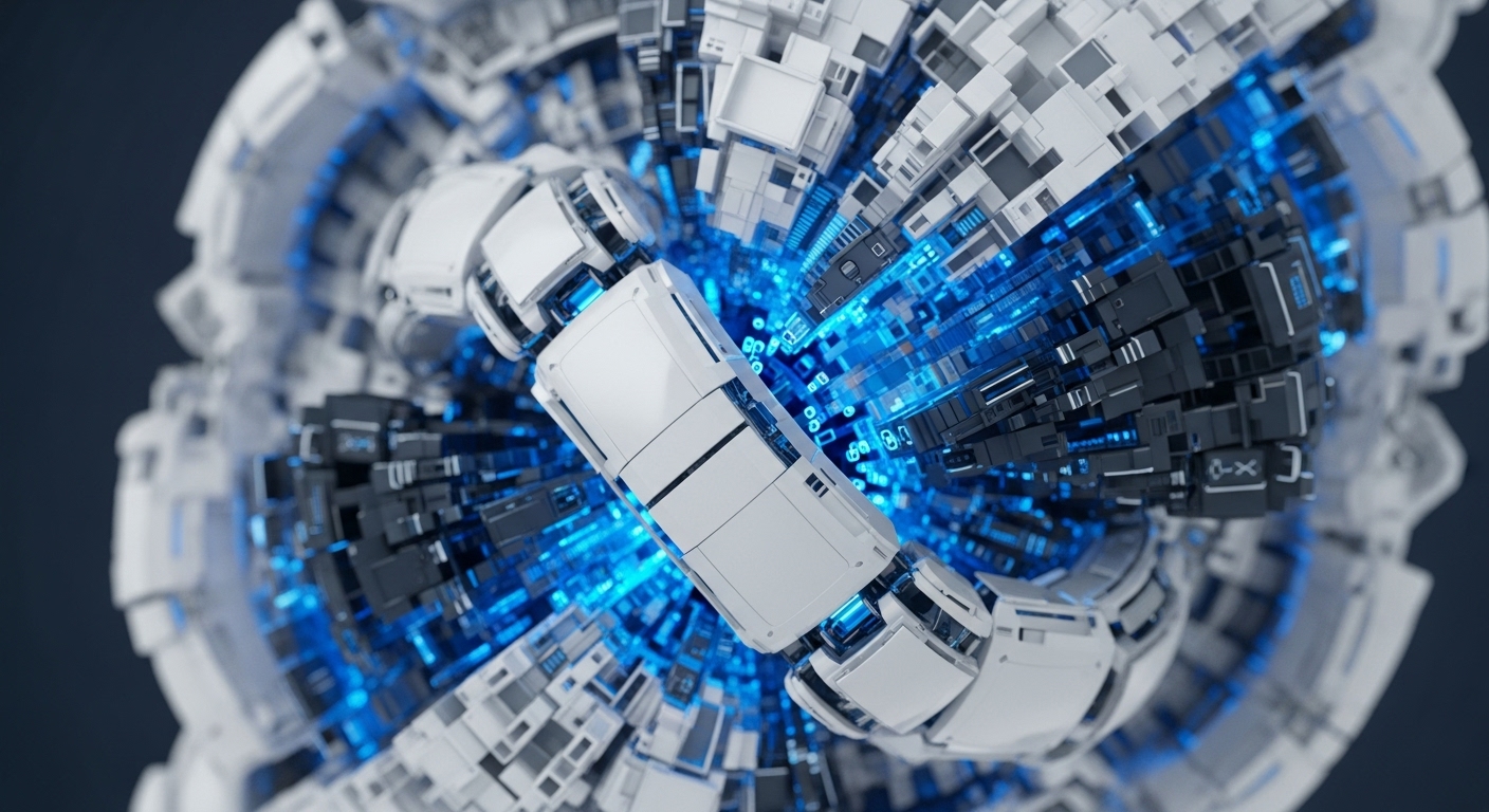 A futuristic, intricate spherical structure composed of white and dark grey modular components is depicted against a dark background. Intense blue light radiates from the core and between layers, highlighting a central white, rectangular module
