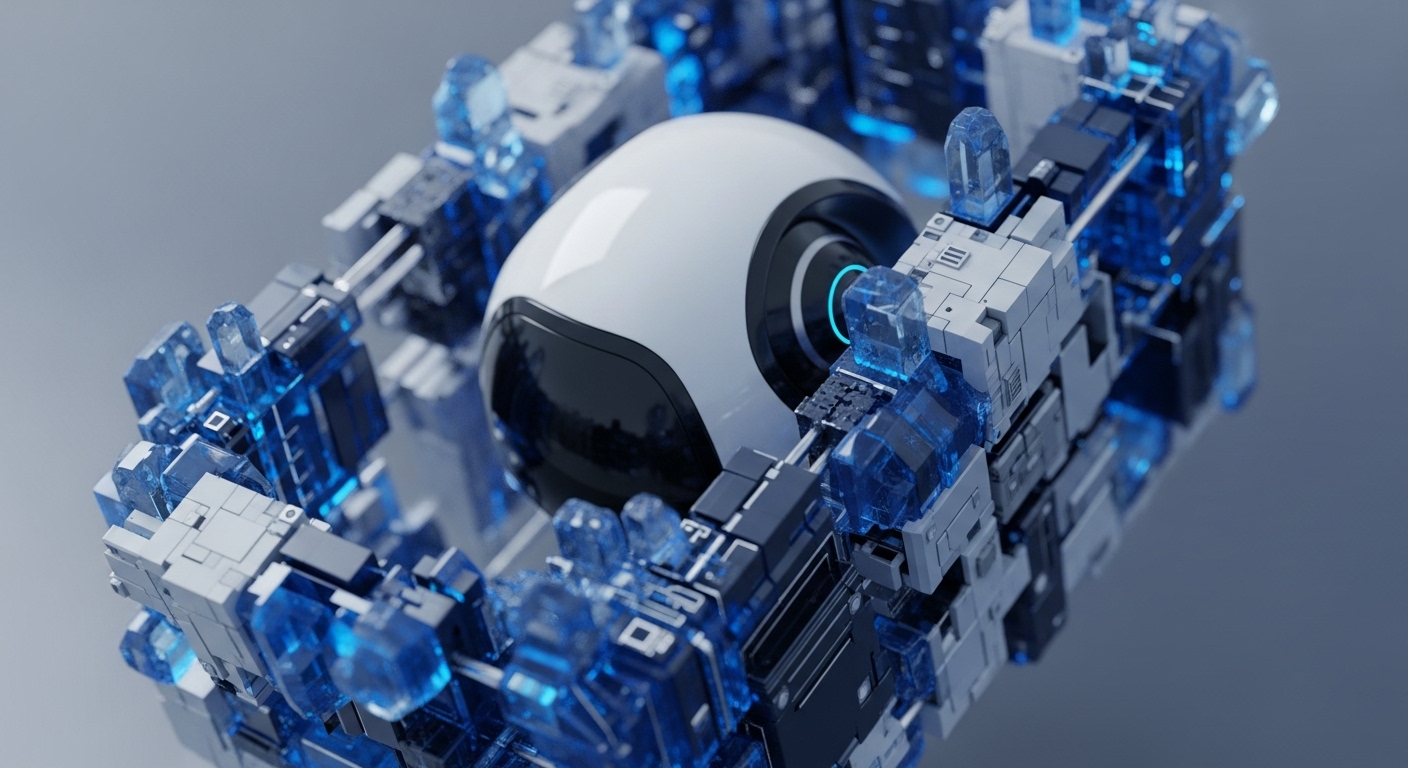 A pristine white spherical core, featuring a prominent blue glowing ring, is centrally positioned within a complex, futuristic grey and blue modular structure. The surrounding framework consists of interlocking geometric blocks and luminous translucent blue components, suggesting intricate data pathways and energy flow