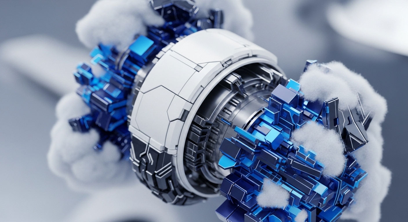 A central, white, segmented cylindrical mechanism forms the core, flanked by clusters of metallic blue, geometric blocks. Soft, white, cloud-like formations partially obscure these block clusters, creating a dynamic interplay