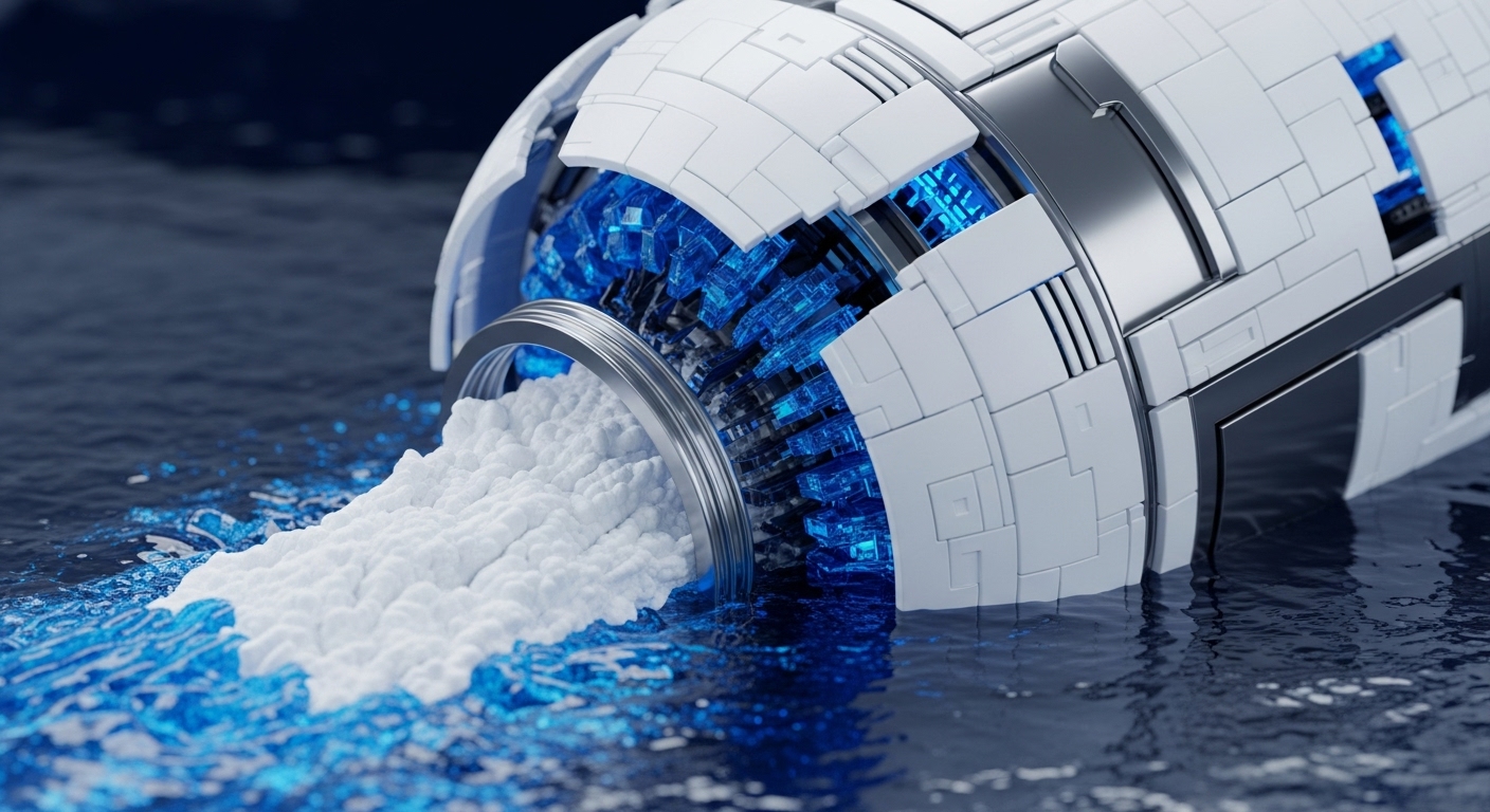 A futuristic white and metallic cylindrical apparatus, partially submerged in dark blue water, actively processes. Its open end reveals intricate, glowing blue crystalline structures, indicative of intensive cryptographic operations. From this aperture, a torrent of white, granular material and vibrant blue particles forcefully ejects, signifying substantial liquidity injection. This represents a blockchain infrastructure's robust consensus mechanism generating digital asset issuance or executing complex smart contract logic, impacting network throughput within the DLT ecosystem.