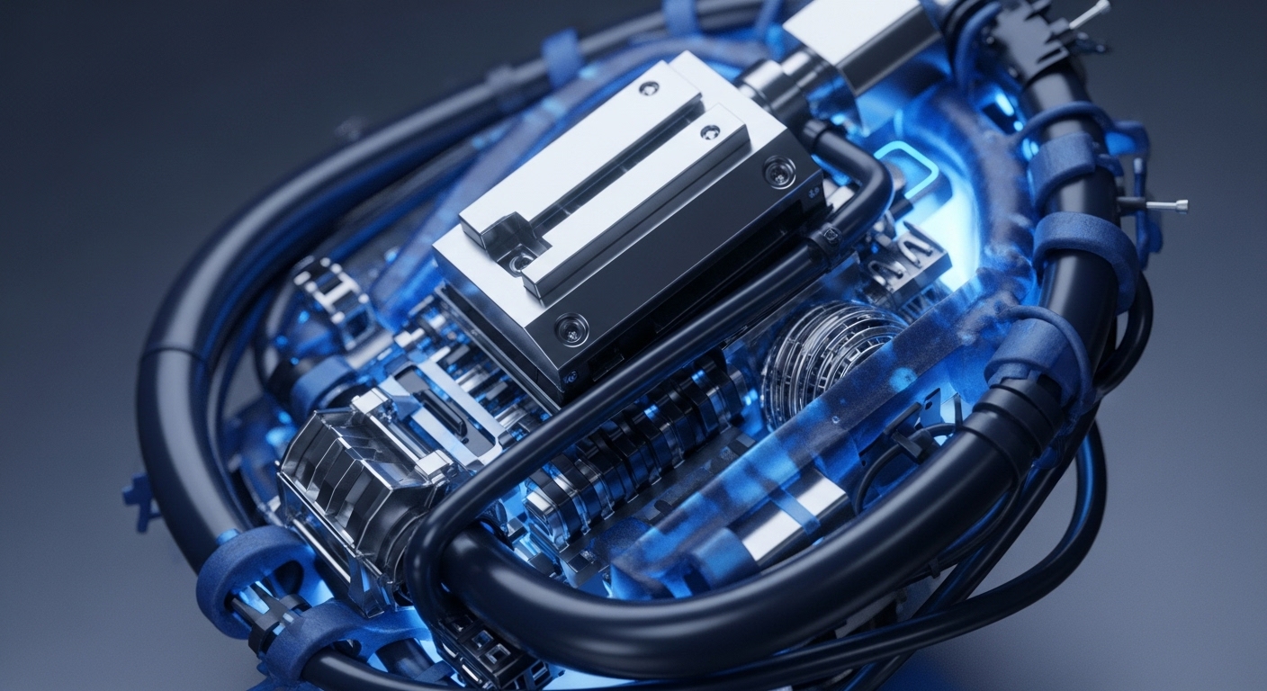 A complex mechanical device features polished silver components, dark black tubing, and bright electric blue glowing elements, set against a muted grey background. The intricate machinery is densely packed, with various conduits and structural elements converging around the central glowing core, suggesting an advanced technological engine