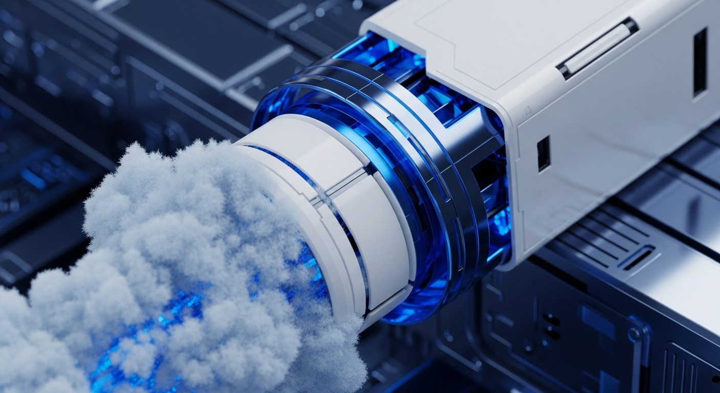 A futuristic white and metallic device, with internal blue glowing components, is expelling a thick cloud of white smoke infused with blue light from its front. The device rests on a dark, patterned surface resembling a circuit board