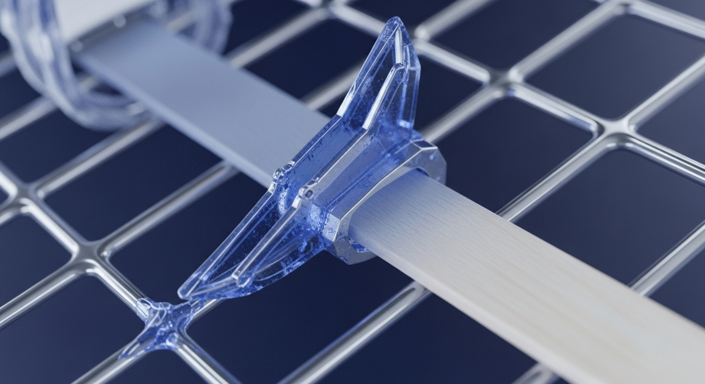 A translucent blue crystalline mechanism precisely engages a light-toned, flat data ribbon, symbolizing a critical interchain communication pathway. This intricate protocol integration occurs over a metallic grid, representing a distributed ledger technology DLT network architecture. The sharp, pointed elements of the blue component suggest a validator node or oracle actively processing data packets for transaction finality. This setup illustrates scalability solutions like sharding, optimizing blockchain throughput and ensuring decentralized finance DeFi asset interoperability within a complex ecosystem.