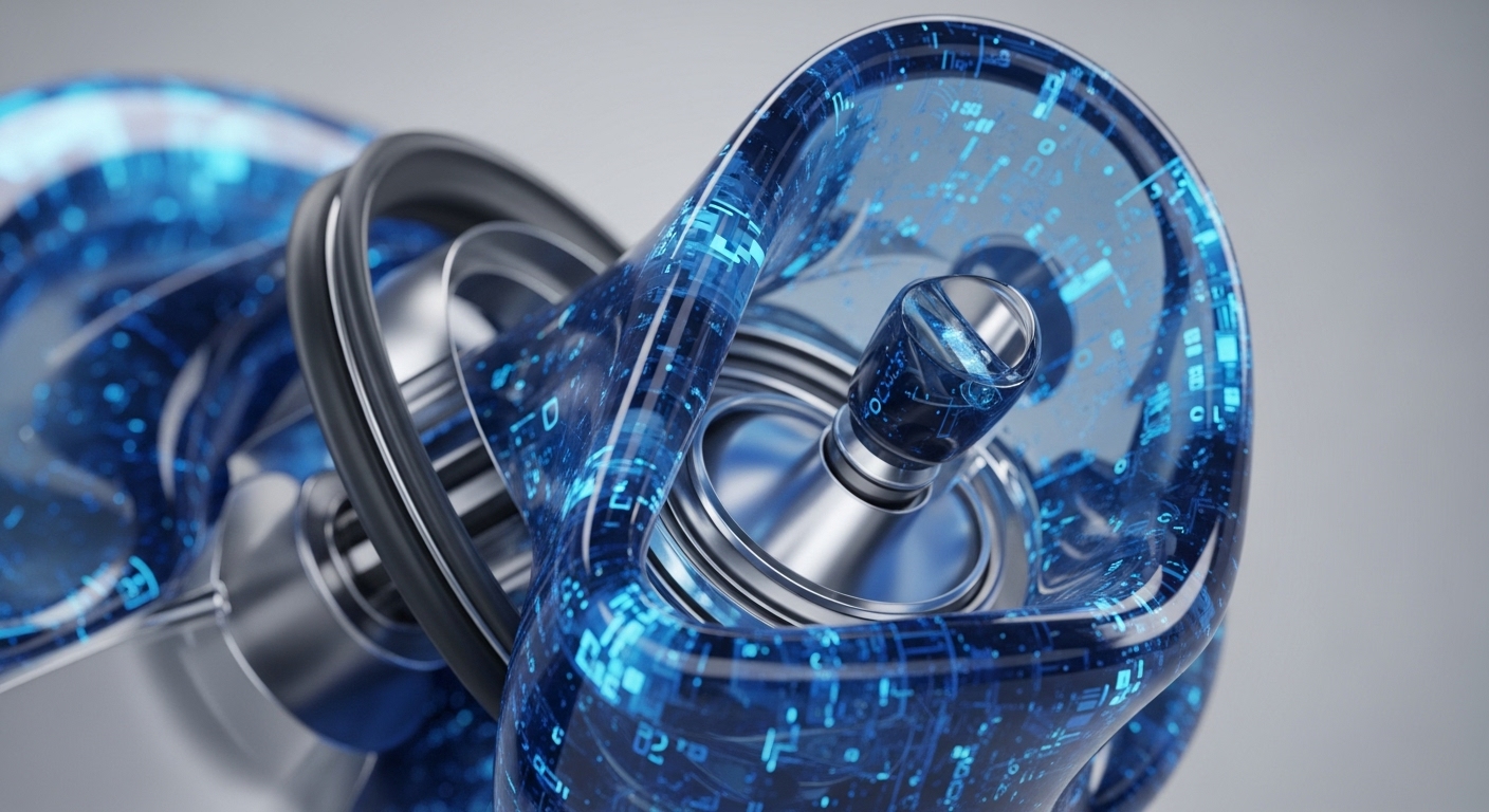 A luminous, translucent blue structure, adorned with glowing digital patterns and numerical data, twists around polished silver metallic components against a soft grey background. This intricate composition depicts a sophisticated technological system, highlighting interconnected data pathways and robust engineering