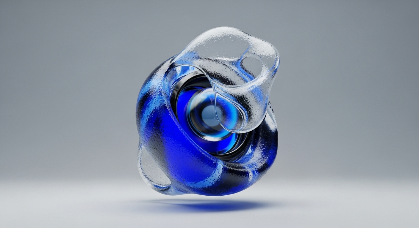 A translucent, textured abstract form, blending clear and deep blue elements, dynamically interweaves around a central spherical core, casting a subtle blue shadow on a light grey surface. This intricate structure conceptually illustrates advanced blockchain architecture, where distinct decentralized ledger technology layers achieve seamless protocol interoperability