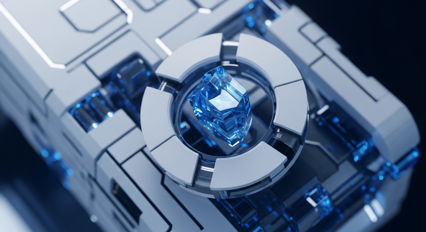 The image showcases a vibrant, faceted blue crystal at its core, meticulously integrated within a sophisticated, multi-layered white and grey mechanical housing. Blue luminescence emanates from within the intricate structure, illuminating its precise engineering and underlying components, suggesting an active, high-performance system