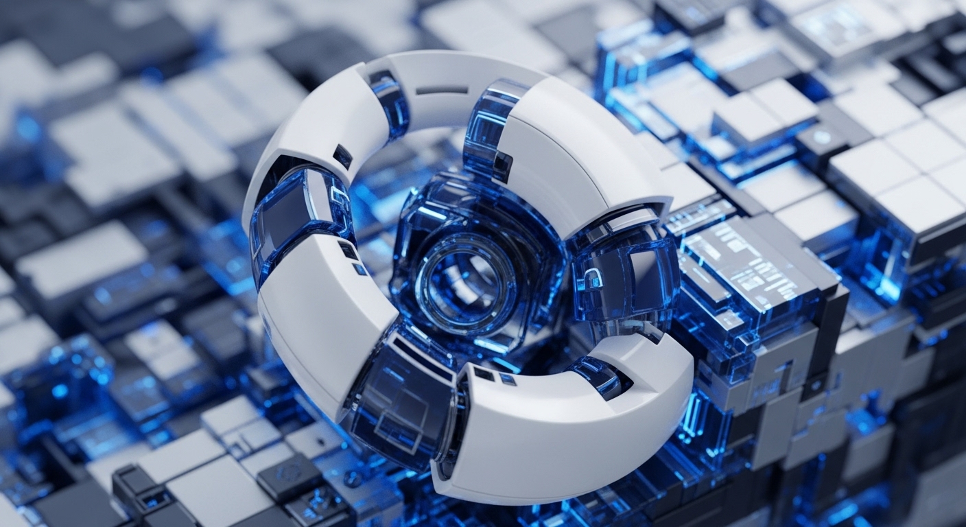 A white and blue spiraling mechanical structure with glowing blue transparent elements is centrally positioned. It rests on a background composed of numerous grey and white cubic blocks, interconnected by glowing blue lines and nodes