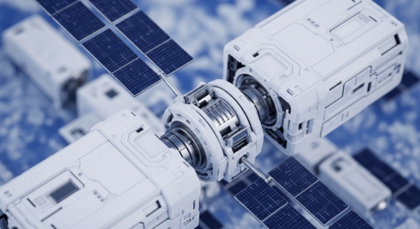 A sophisticated, interconnected system of white, modular units floats against a blurred blue backdrop. A complex, metallic joint mechanism facilitates connection between two primary modules, evoking a cross-chain bridge or interoperability protocol. Flat, dark blue solar panels extend, suggesting energy efficiency vital for proof-of-stake consensus and sustainable blockchain operations. This design emphasizes distributed ledger technology infrastructure, resembling a decentralized network of validator nodes. This advanced Web3 architecture underscores future corporate crypto applications, enabling tokenized asset management and robust digital transformation through smart contract integrations, fostering ecosystem scalability.