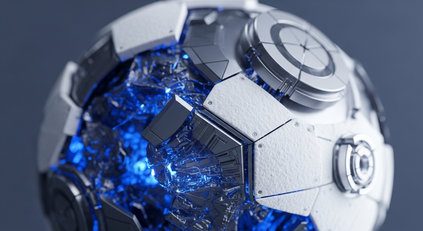 A futuristic, spherical apparatus is depicted, showcasing matte white, textured armor plating and polished metallic segments. A vibrant, electric blue light emanates from its exposed core, revealing a complex, fragmented internal structure