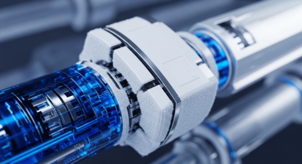 A sophisticated technological mechanism features a transparent blue cylindrical component on the left, showcasing intricate internal structures resembling data pathways or circuitries. This section connects to a textured, segmented white module, appearing to facilitate a critical juncture or processing step. Further right, a metallic cylinder with subtle indicators suggests a control or measurement unit. This setup conceptually illustrates a blockchain infrastructure module, emphasizing data integrity during transaction finality. The glowing blue elements represent active node operation within a decentralized network, highlighting secure protocol layer interactions.