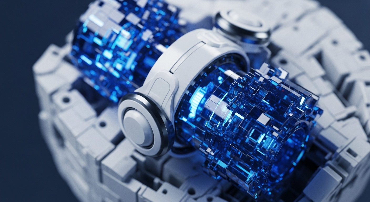 The image presents a detailed, close-up view of a futuristic mechanical assembly, prominently featuring two translucent cylindrical units filled with glowing blue, block-like data elements, interconnected by a central white, metallic component. This intricate structure is partially embedded within a larger, textured gray casing, suggesting an advanced technological core