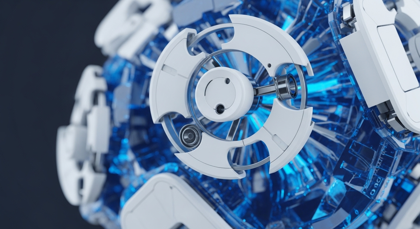 A futuristic, multi-faceted sphere with a glowing blue core and white external components is prominently displayed. A central, intricate mechanism features a metallic shaft and bearing, surrounded by white, fan-like structures