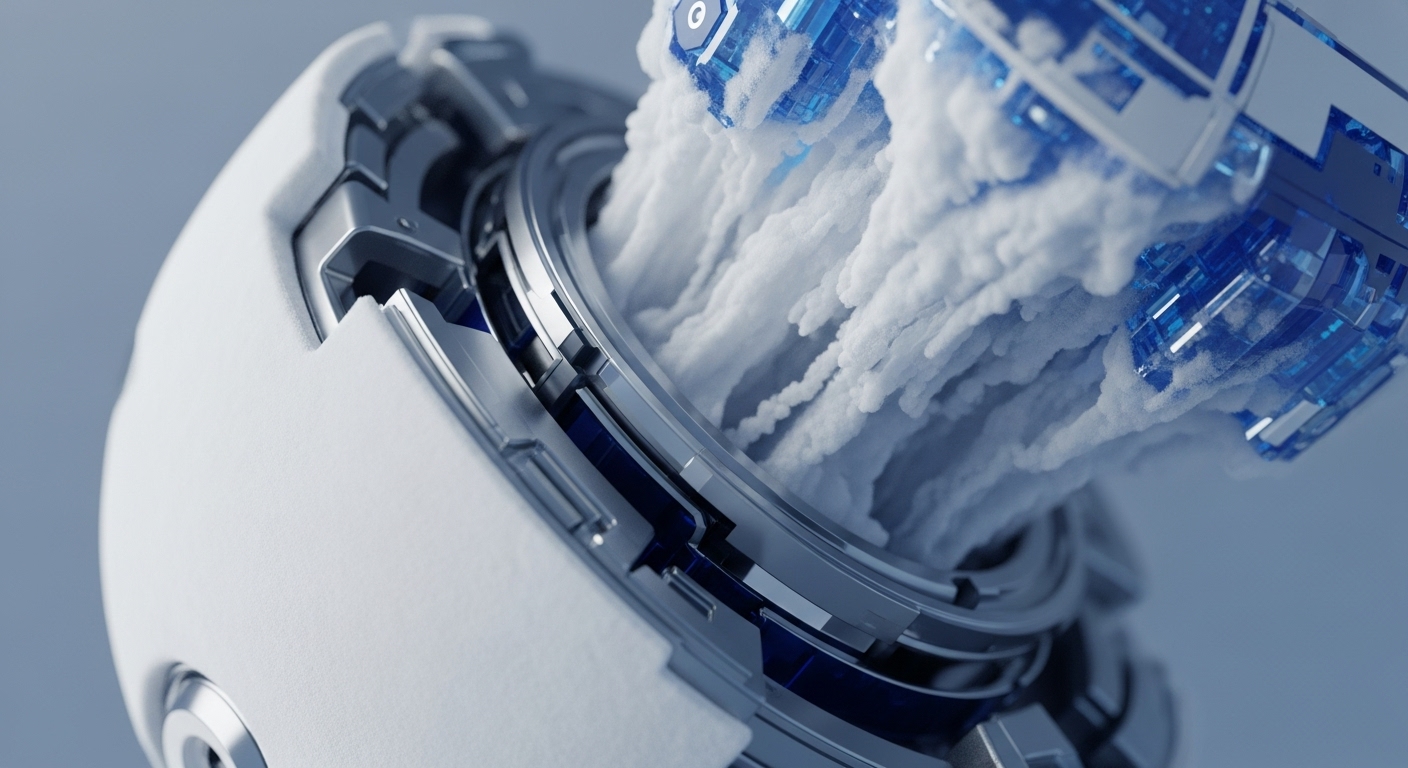 A futuristic metallic and white spherical device reveals a central circular aperture, from which a dense, white, cloud-like substance emanates, representing the real-time output of a cryptographic hash function. Intricate translucent blue crystalline structures above signify digital asset components or smart contract elements being processed within a decentralized ledger technology architecture. This visual metaphor illustrates a blockchain node actively generating and validating transactional data streams.