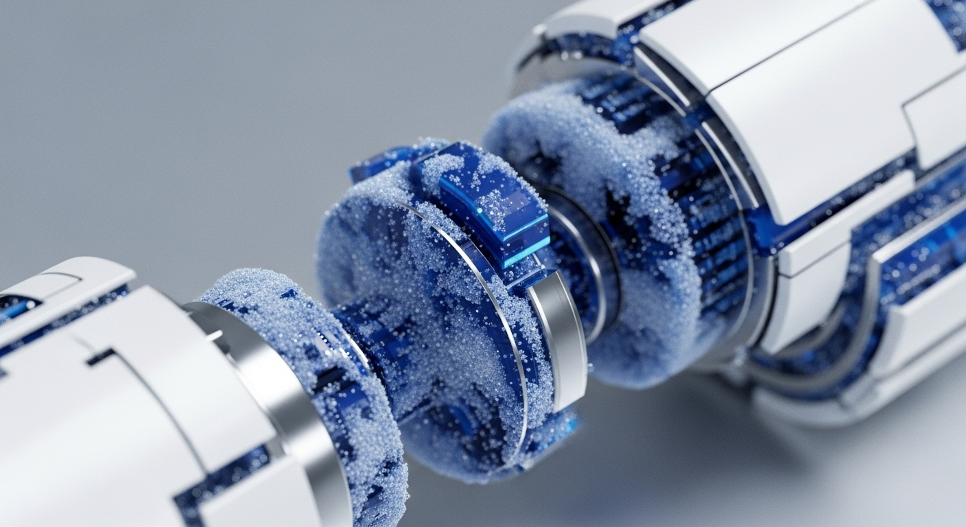 The image displays a detailed view of a sophisticated mechanical device, featuring white segmented external parts and translucent blue internal components. These internal sections are heavily textured with numerous small, light-colored particles, creating a dynamic visual effect