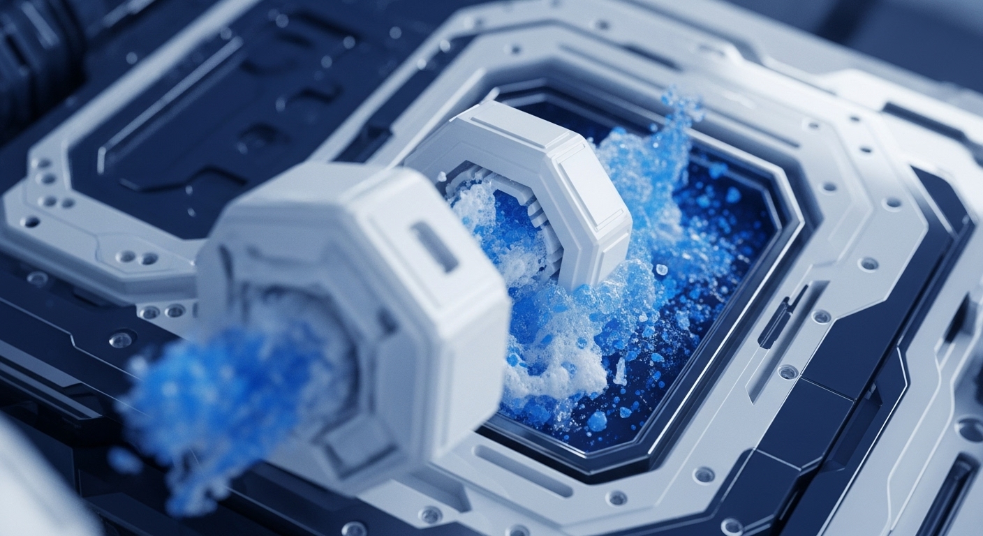 A futuristic, industrial-grade mechanism features two white octagonal modules interacting with a central chamber. From one module, a vibrant stream of blue crystalline material is dispensed, vigorously mixing within the chamber