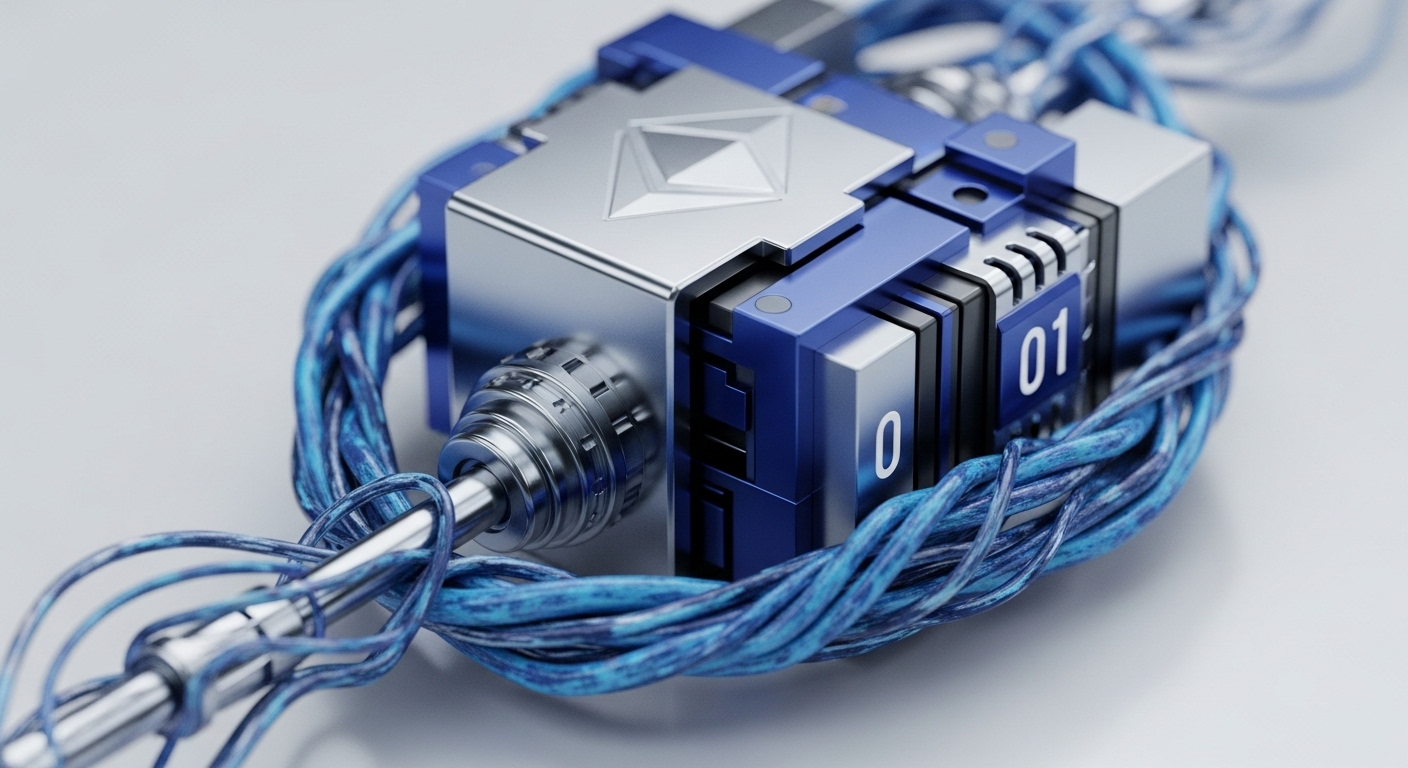 A close-up view reveals a sleek, high-tech metallic and dark blue module, centrally featuring the distinct Ethereum emblem on its silver surface. Numerous blue wires are intricately woven around and connected to various components, including a textured metallic dial and digital displays showing "0" and "01"