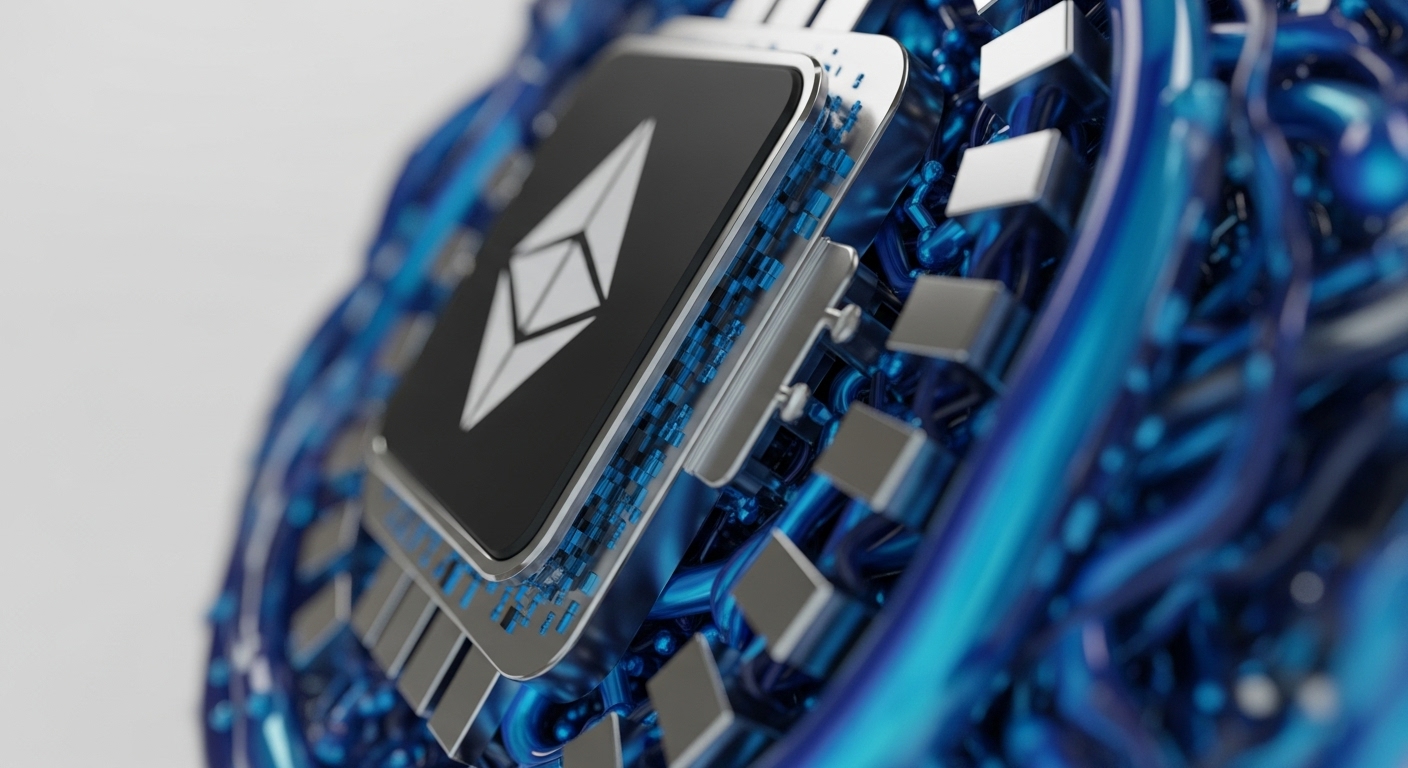 A macro perspective showcases a central processing unit bearing the Ethereum logo, emblematic of a validator node. Intricate metallic components and luminous blue conduits surround the chip, symbolizing the robust blockchain infrastructure. This visual metaphor highlights the network's capacity for smart contract execution, decentralized application dApp processing, and transaction finality. The glowing elements represent data flow and cryptographic security within the proof-of-stake consensus mechanism, underpinning the entire Web3 ecosystem and digital asset ledger.