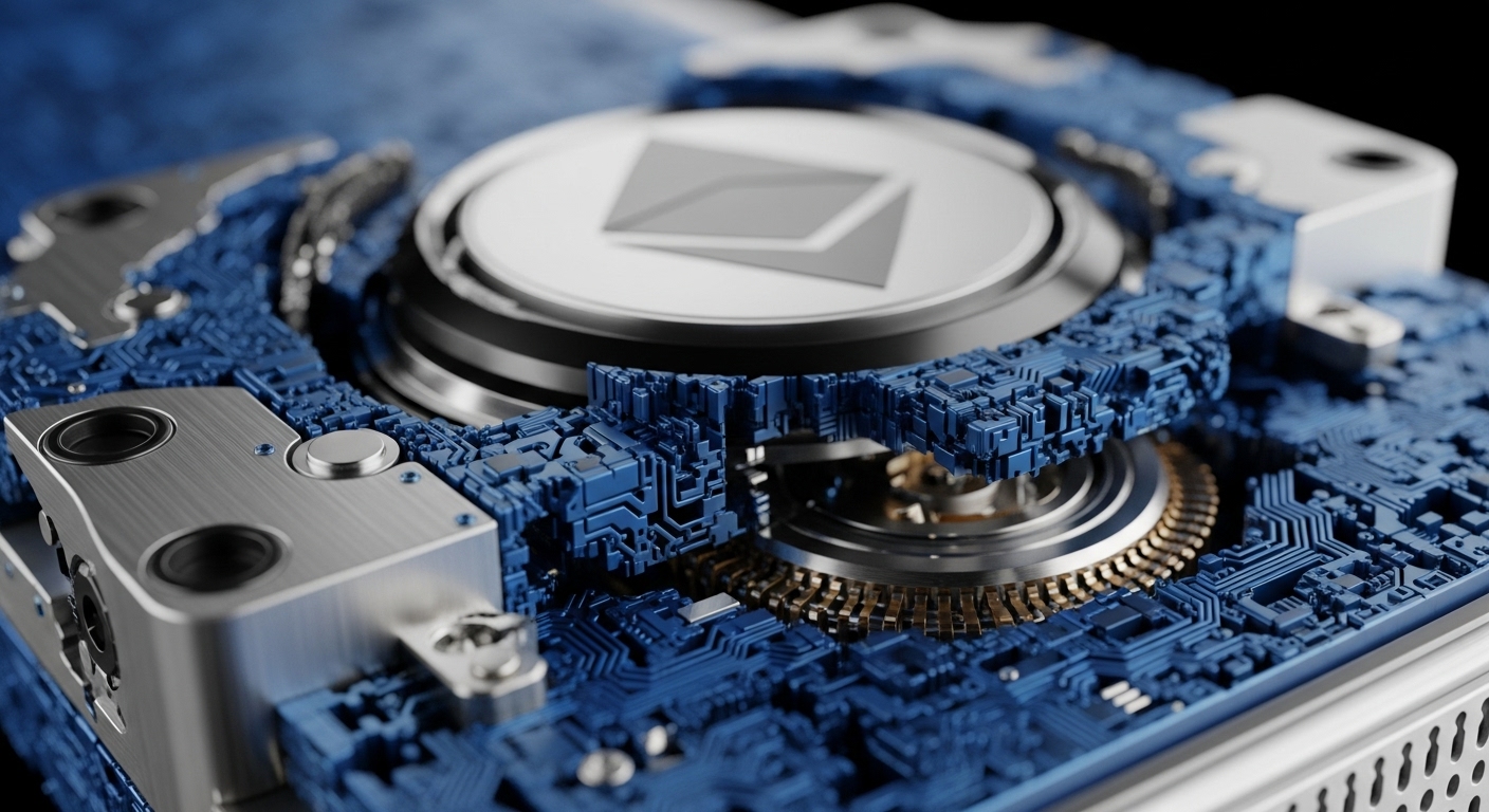 A detailed, close-up perspective reveals a complex mechanical and digital apparatus. At its core, a prominent circular component features the distinct Ethereum logo, surrounded by intricate blue circuitry and metallic gears