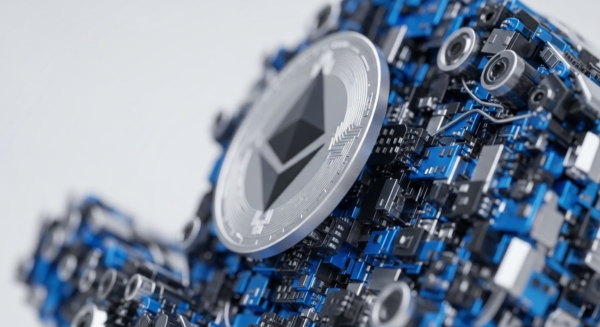 A prominent silver Ethereum ETH digital asset coin rests upon an intricate blue and black computational infrastructure, evoking the underlying blockchain network. The detailed circuit board features metallic components and illuminated blue sections, symbolizing the complex distributed computing power supporting the decentralized ledger. This visual metaphor highlights Ethereum's role as a foundational Layer-1 protocol for smart contracts and the broader digital economy, emphasizing its core network security and transaction validation mechanisms.