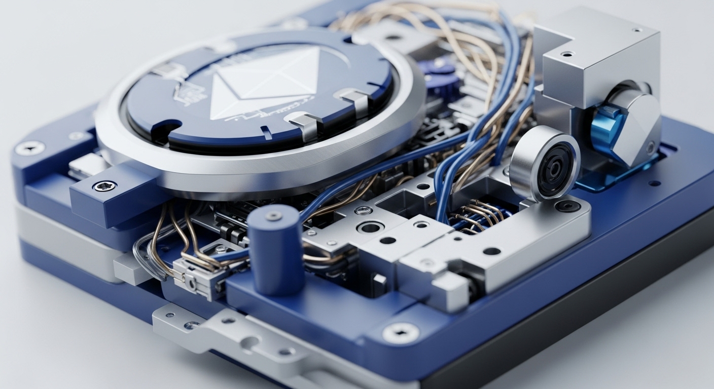 A sophisticated, open-casing mechanical apparatus, predominantly deep blue and brushed silver, reveals its intricate internal workings. At its core, a prominent circular module bears the distinct Ethereum logo, surrounded by precision-machined components and an array of interconnected wiring