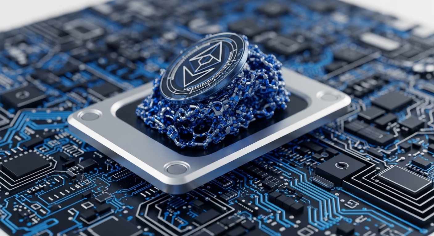 A metallic Ethereum coin, symbolizing a prominent digital asset, rests on a sophisticated integrated circuit, representing underlying computational integrity. This hardware is embedded within a dark circuit board, featuring intricate blue traces that visually evoke a distributed network or blockchain architecture. A complex, interconnected blue chain-like structure, suggestive of on-chain data or decentralized ledger technology, emanates from the processor. This highlights the intricate transaction processing and cryptographic security inherent to the Ethereum protocol, underscoring the foundational Web3 infrastructure supporting smart contracts and validator nodes.