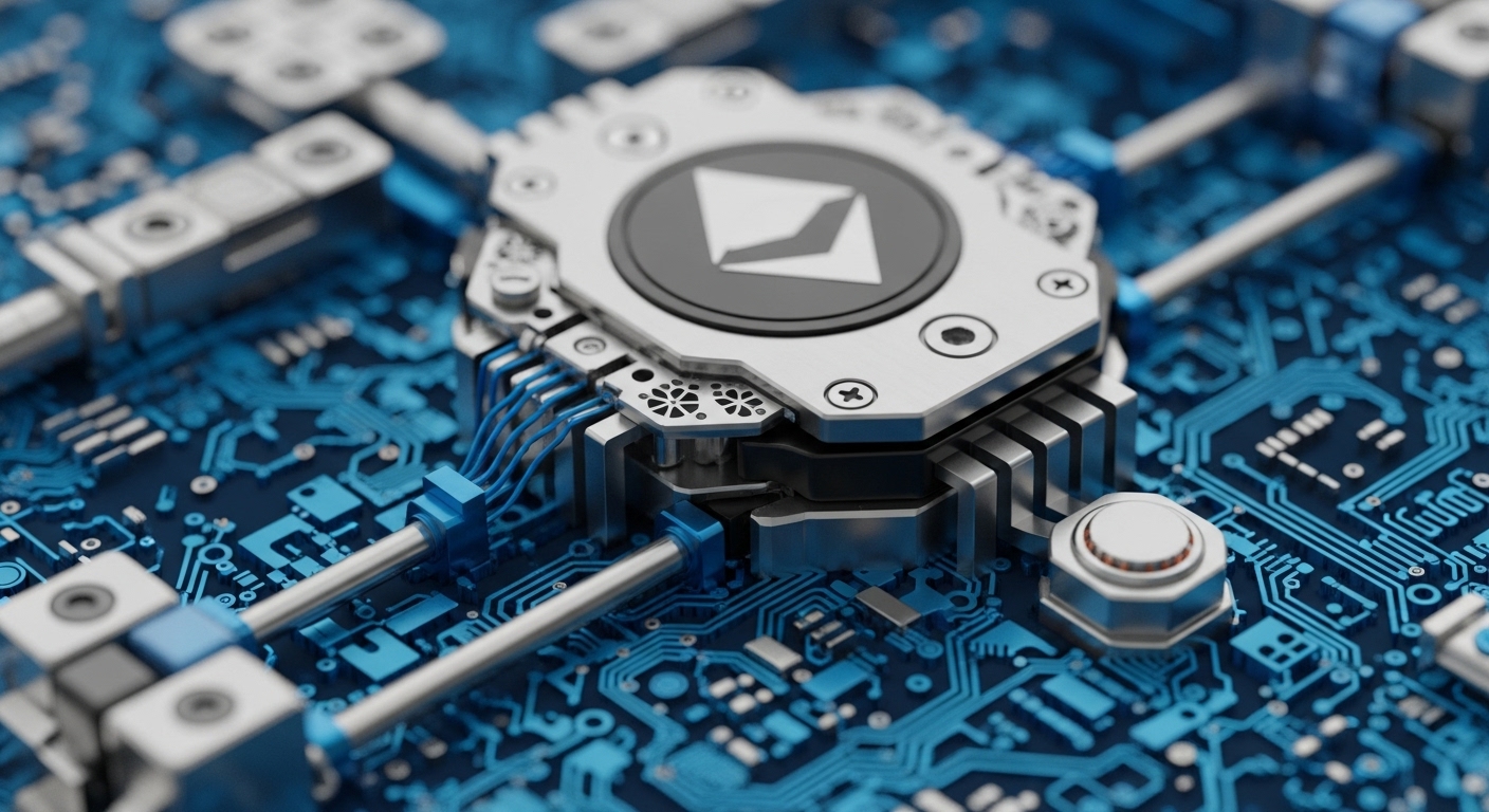 A close-up, high-definition render displays a sophisticated metallic processing unit, centrally adorned with the distinctive Ethereum logo, securely mounted on a dark blue circuit board detailed with bright blue traces and various electronic components. Silver metallic connectors, heat sinks, and fine blue wires link the central processor to the surrounding network infrastructure, illustrating a complex distributed computing environment