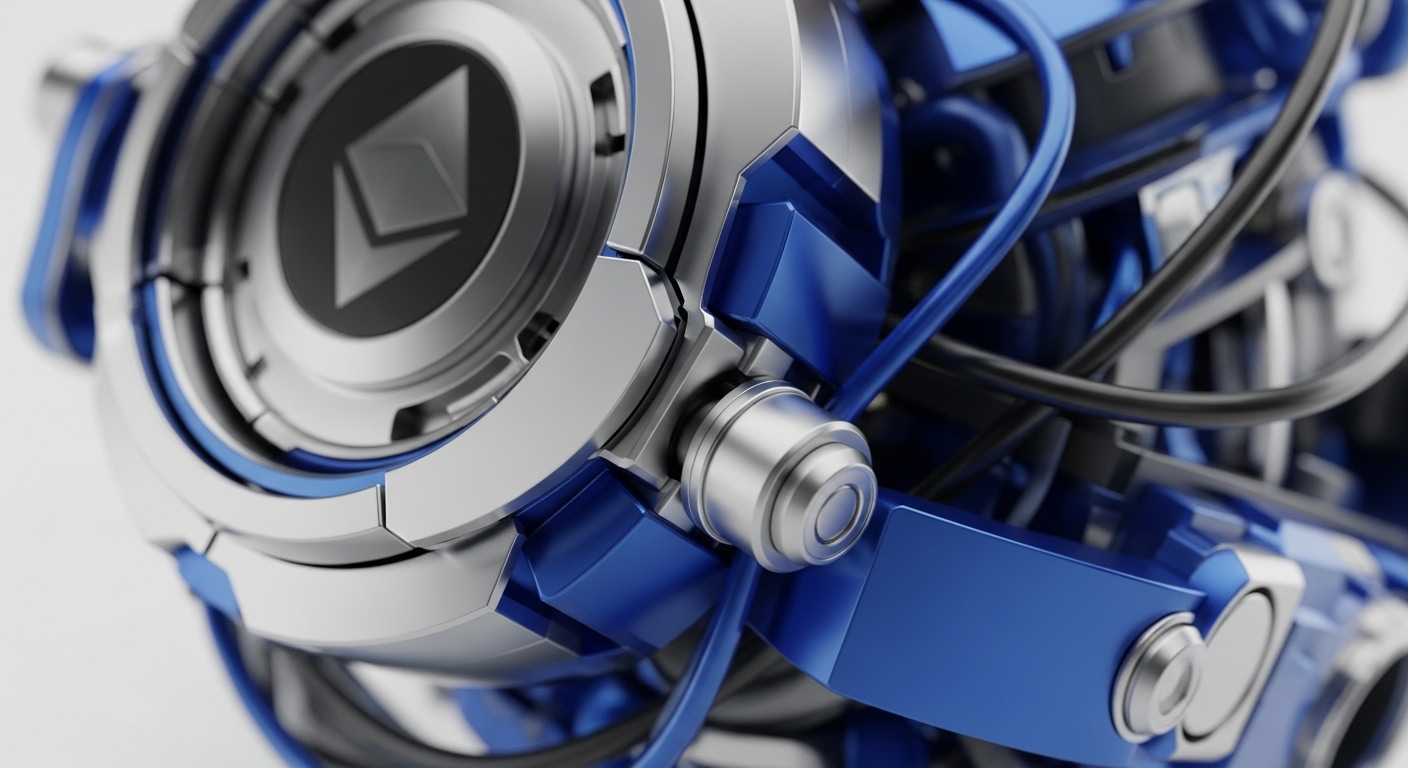 This close-up view showcases an intricate mechanical assembly, dominated by polished silver and vibrant blue metallic elements. A central circular component prominently displays the Ethereum logo, surrounded by layered structural details and interconnected wiring