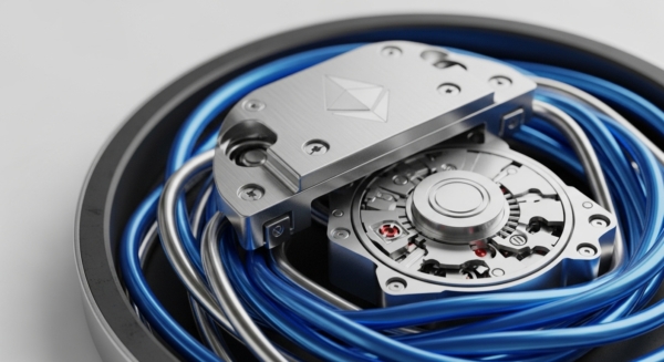 A sophisticated metallic hardware component prominently displays the Ethereum emblem on its brushed surface. Beneath, intricate mechanical gears and sub-components reveal precision engineering. Blue and silver conduits are meticulously arranged, suggesting robust data transmission within a secure system. This visually encapsulates a hardware wallet or a cryptographic security module, critical for digital asset custody and safeguarding on-chain transactions. It reflects the complex blockchain technology underpinning decentralized finance infrastructure, emphasizing protocol layer integrity.