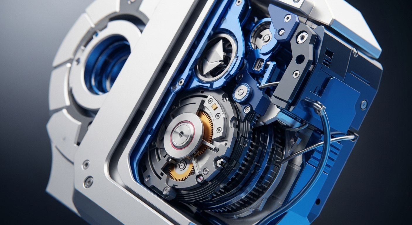 A close-up view reveals a highly detailed, futuristic mechanical assembly, predominantly in silver and deep blue hues, featuring intricate gears, precision components, and connecting elements. The composition highlights the sophisticated engineering of an internal system, with metallic textures and polished surfaces reflecting light