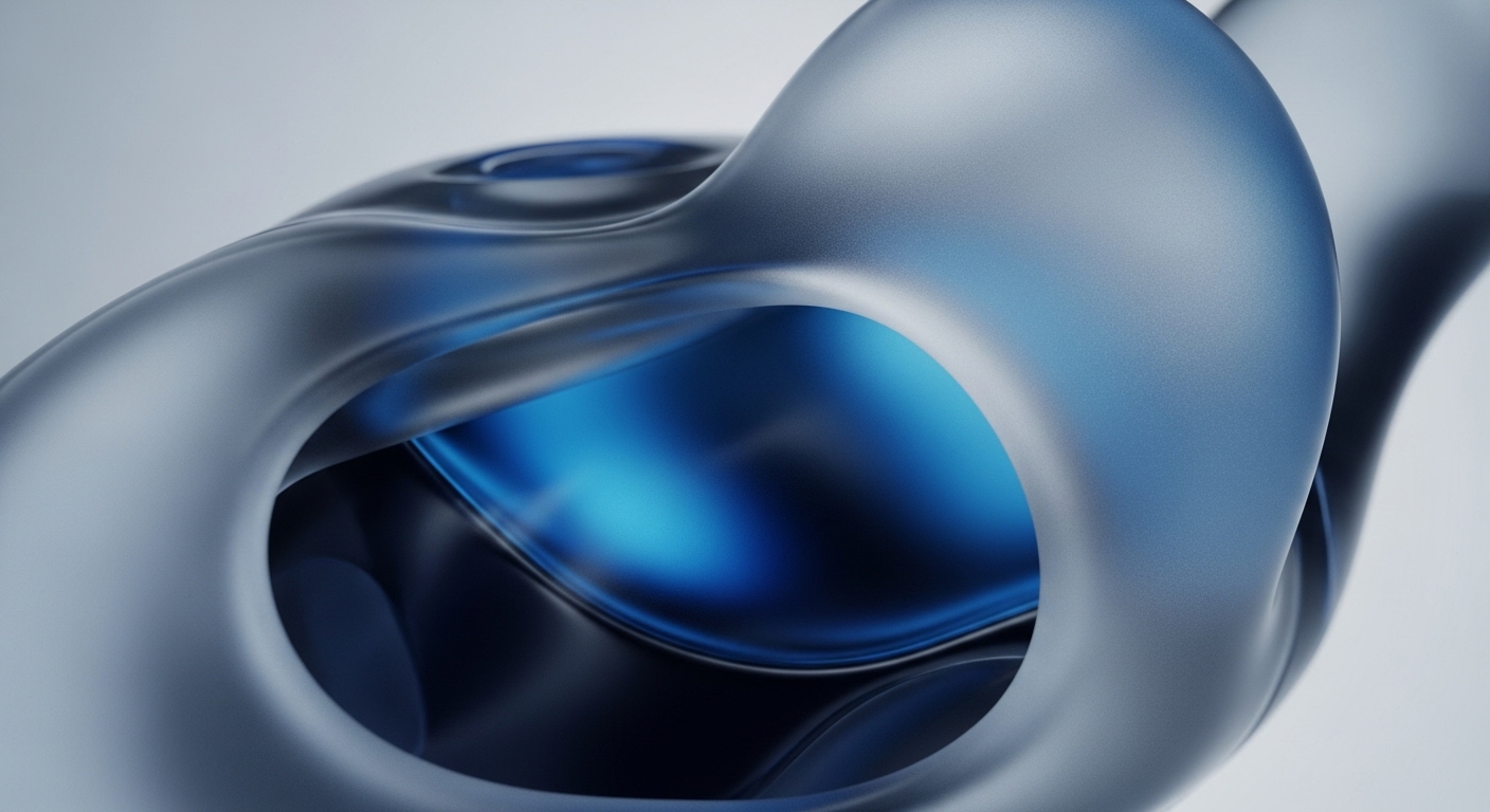 Smooth, abstract shapes in varying shades of blue and grey create a dynamic, fluid composition, featuring both matte and reflective surfaces. The central deep blue cavity provides a focal point, suggesting depth and internal processes within the interwoven forms