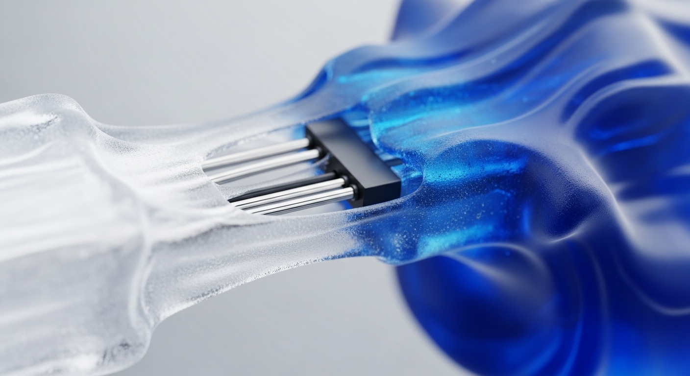 A translucent, frosted white material seamlessly merges with a vibrant, undulating blue substance, bridged by a central black connector featuring multiple metallic pins. The distinct textures and colors highlight a sophisticated interface between two separate yet interconnected components