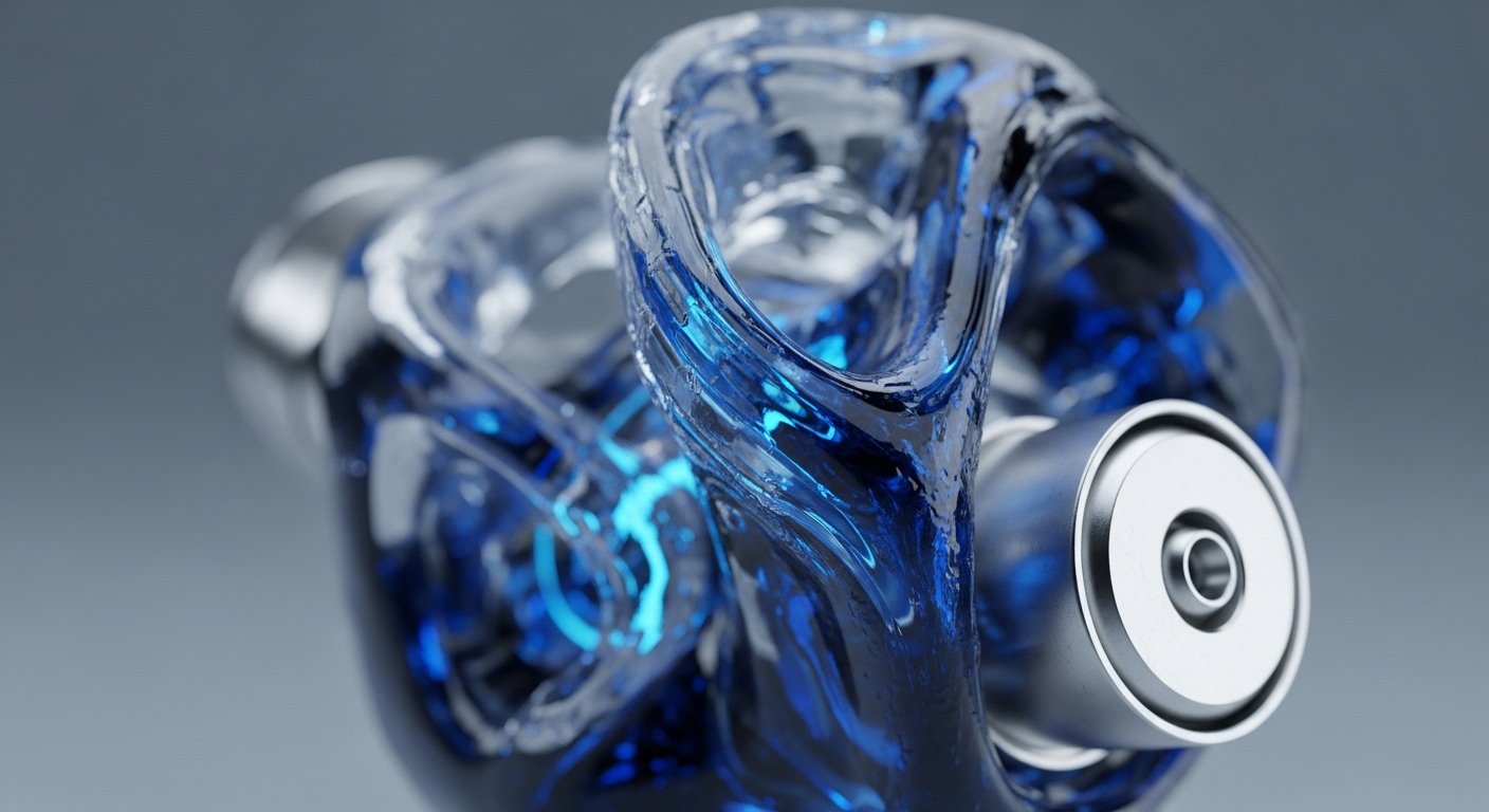 The image showcases a sophisticated abstract design, featuring transparent deep blue and clear fluid-like elements intertwined with polished silver metallic structures. Internally, bright cyan glowing patterns suggest active processes, while a prominent silver cylindrical component, resembling a port or connection, is visible on the right