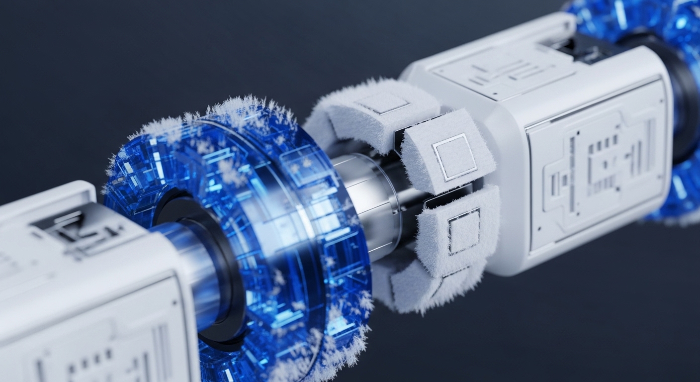 A close-up view reveals interconnected, futuristic white modular units alongside transparent, glowing blue crystalline structures, encased in frost. These components suggest a sophisticated blockchain architecture, possibly representing validator nodes or secure enclaves within a decentralized ledger technology DLT system. The frost emphasizes advanced thermal management for optimal performance, critical for high-throughput cryptographic hashing or zero-knowledge proof ZKP computations. This setup illustrates robust network security infrastructure, potentially for cold storage solutions or quantum-resistant cryptography applications, ensuring data integrity across distributed systems.