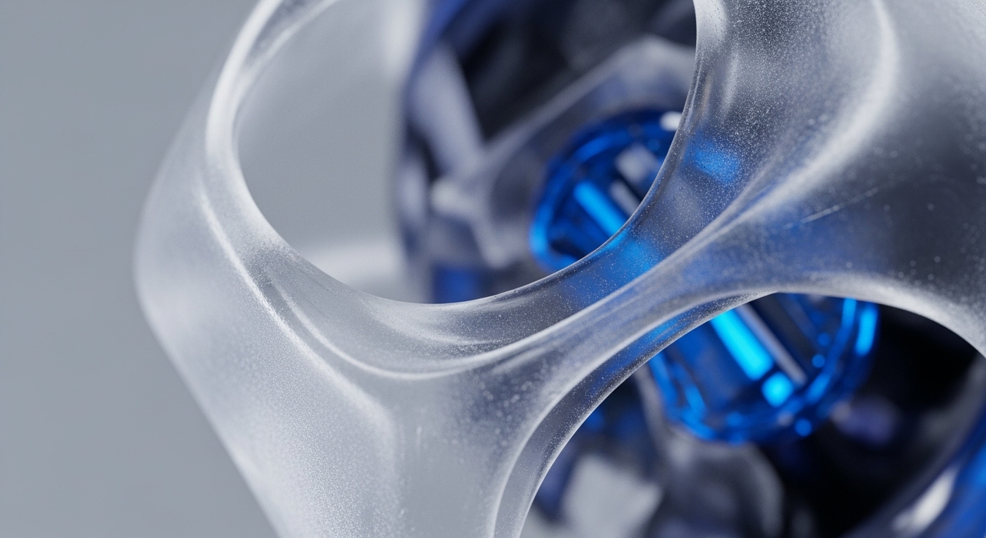 The image presents a close-up of a translucent, frosted, abstract form, with a vibrant blue, glowing element blurred in the background. This composition visually interprets the intricate blockchain architecture and its underlying cryptographic primitives