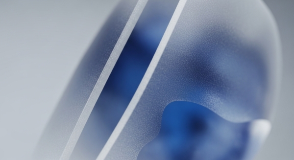 Abstract layers of frosted, granular grey-white material frame a vibrant, deep blue core, suggesting a robust blockchain architecture. Distinct parallel structures evoke secure enclave components within a distributed ledger technology framework. An organic indentation reveals the blue, symbolizing data encryption or a cryptographic primitive within a hardware wallet. This visual metaphor illustrates multi-party computation processes, emphasizing the secure management of digital asset private keys and the underlying interoperability protocol for transaction finality. The composition subtly hints at layer-2 scaling solutions and robust consensus mechanism elements.