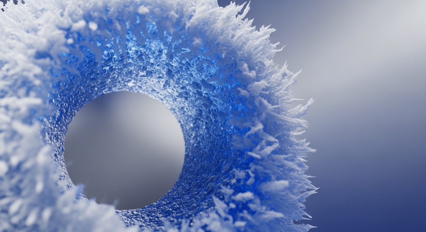 A detailed, textured toroidal object is presented, its outer surface white and spiky, resembling frost or crystalline formations, while the inner surface glows with a vibrant blue, displaying a rough, granular texture. The central void of the torus is a smooth, dark grey