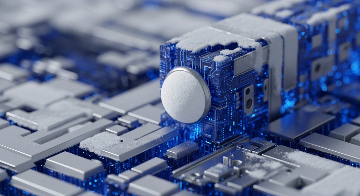 The image displays a close-up of an intricate circuit board, featuring silver metallic blocks interspersed with glowing blue light emanating from beneath. A central, cube-like component is partially covered in snow, with a white, spherical object, also frosted, attached to its side
