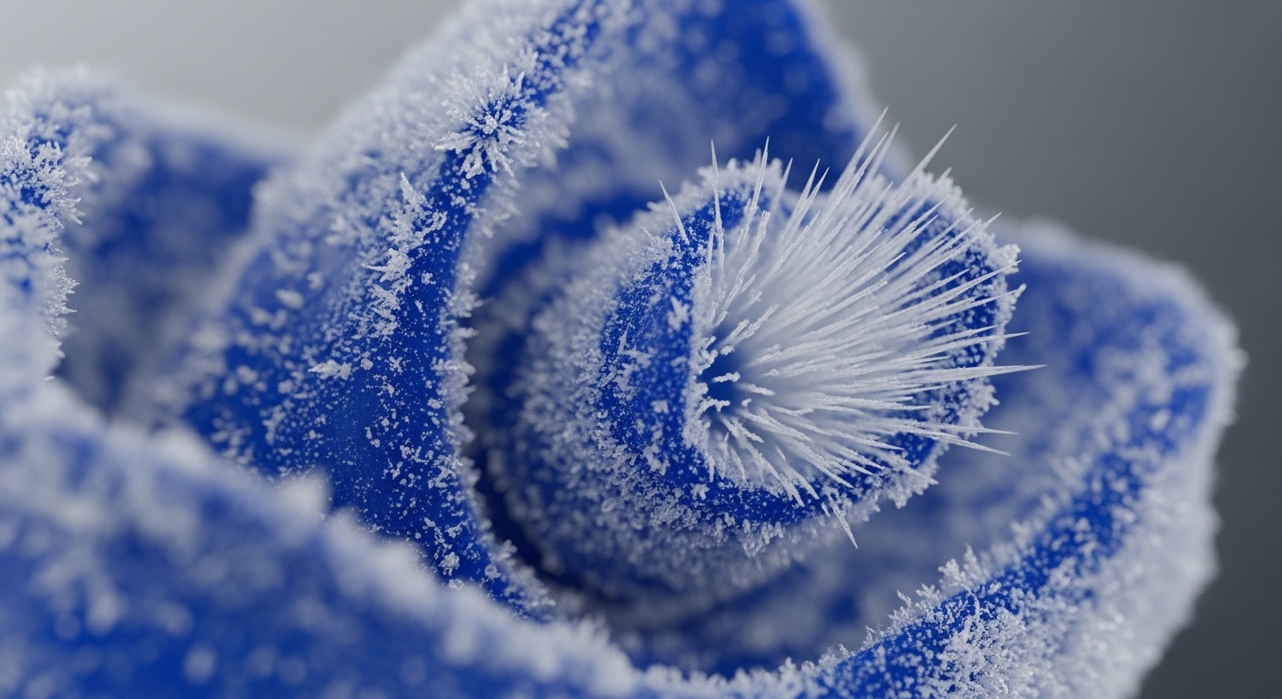 A close-up shot captures a blue, ridged object heavily coated in white frost. The central area features prominent, spiky ice crystals, while the outer surfaces display a finer, granular frost