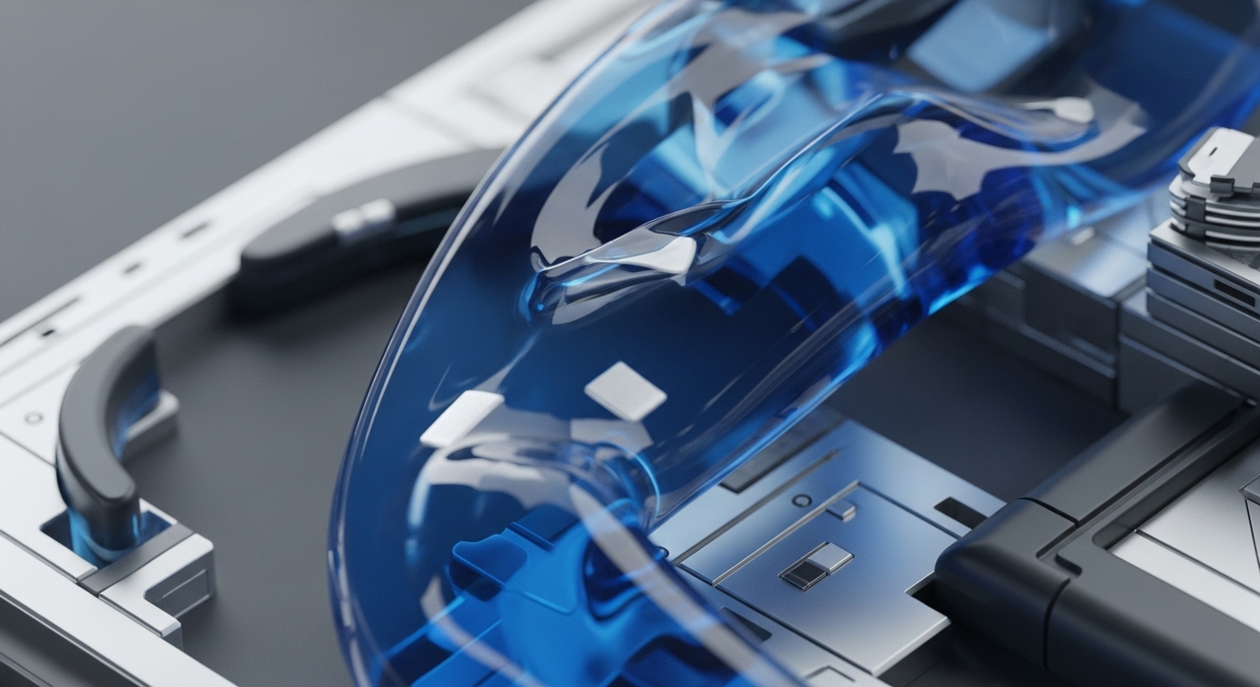 A futuristic, high-tech system is depicted, featuring a prominent translucent blue element resembling a flowing conduit amidst intricate metallic and dark grey components. The blue structure appears to be a dynamic channel, possibly for data or energy, integrated within a complex mechanical framework