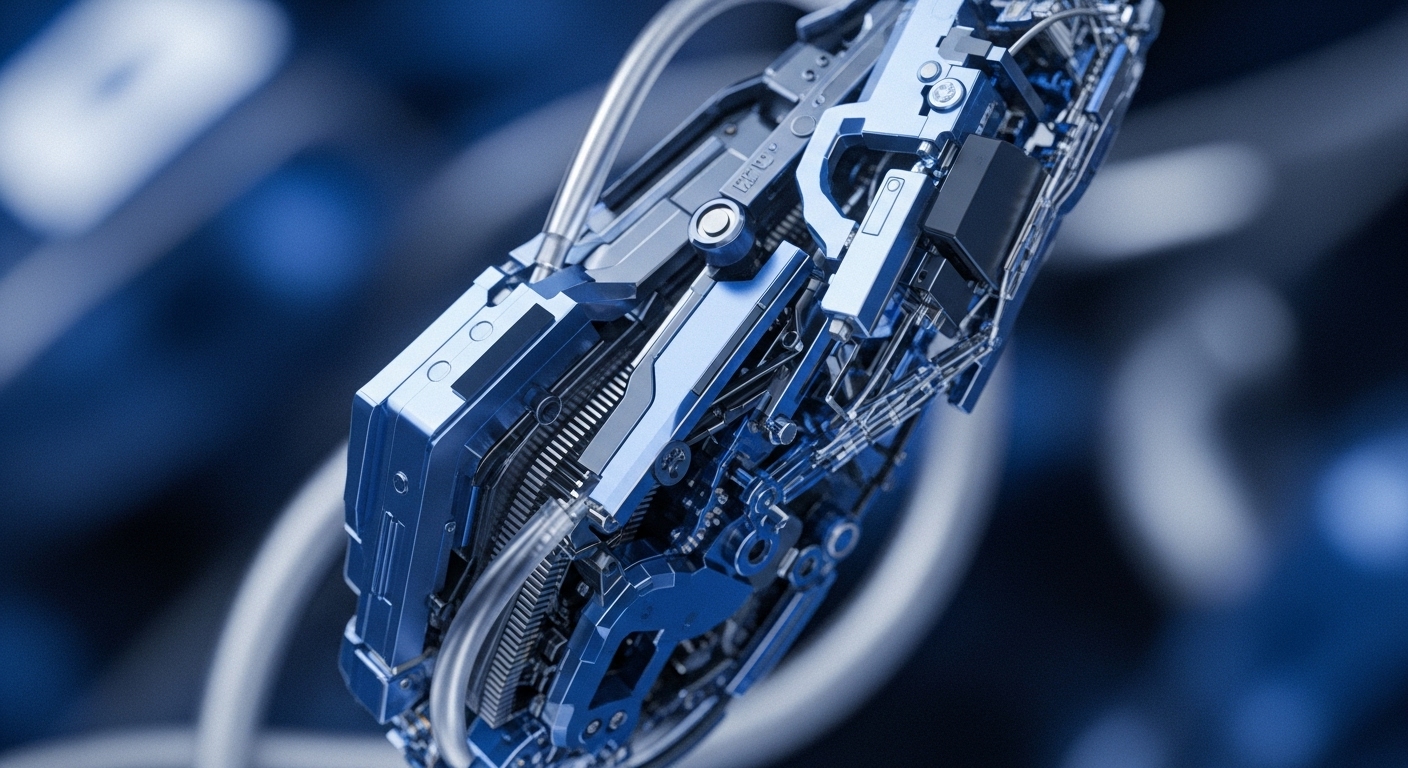 A close-up view reveals a complex, metallic blue and silver mechanical component, featuring intricate gears, wires, and structural plating. The object is sharply focused against a blurred, deep blue background with soft light reflections