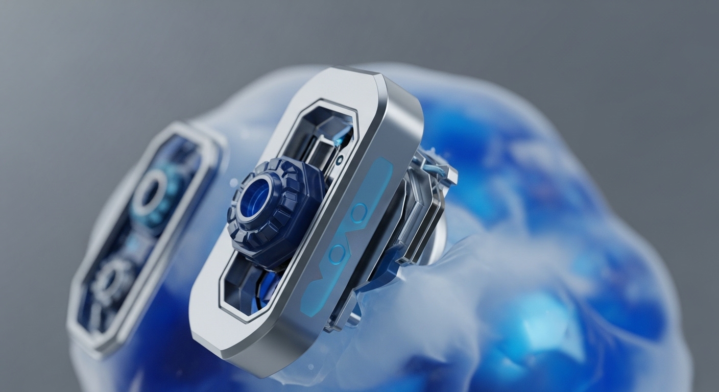 A close-up view showcases a futuristic, metallic device with blue glowing elements, partially encased in a translucent, blue, gel-like substance. The device features intricate internal components, including what appear to be gears and circuits, suggesting advanced mechanical and digital functionality