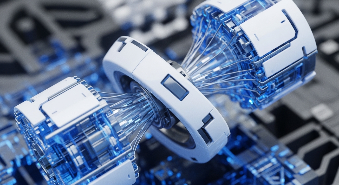 The image displays two white, sleek, futuristic modules featuring transparent blue internal structures filled with intricate glowing filaments. These modules are interconnected by numerous luminous blue strands, set against a blurred background of dark and light circuit board patterns