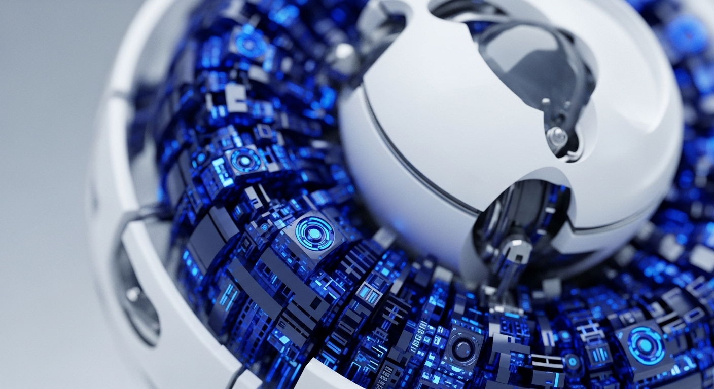 A pristine white spherical object, partially open, reveals a complex array of glowing blue and dark internal mechanisms. These intricate components are arranged in geometric patterns, suggesting advanced digital infrastructure and active processing