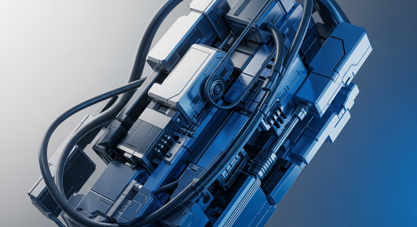 A detailed render showcases a sophisticated, metallic blue and silver mechanical structure, featuring interconnected panels and dark tubing. The complex assembly is presented against a gradient background transitioning from light grey to deep blue