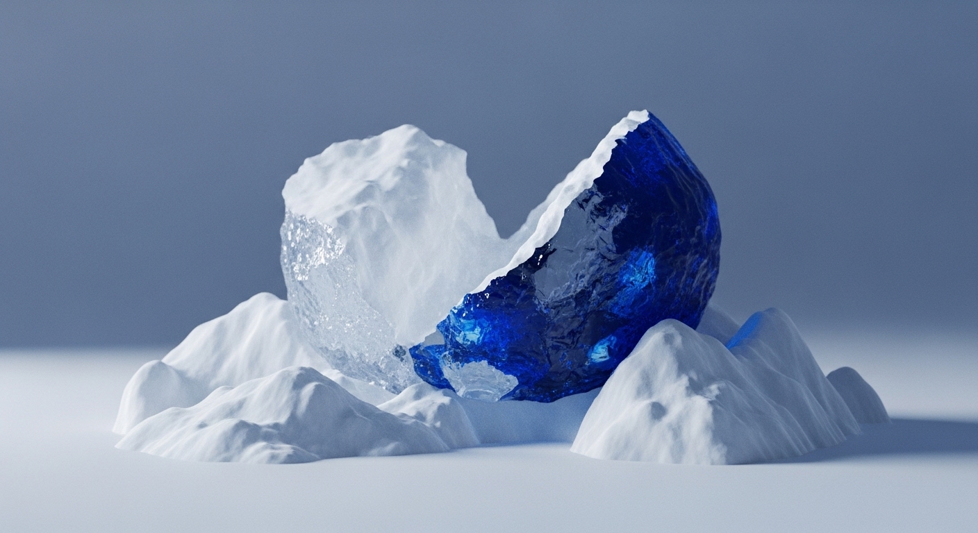 Two large, fractured pieces of a crystalline object are prominently displayed, one clear and one deep blue, resting on a white, snow-like terrain. The background is a soft, light blue, providing a minimalist and stark contrast to the central elements
